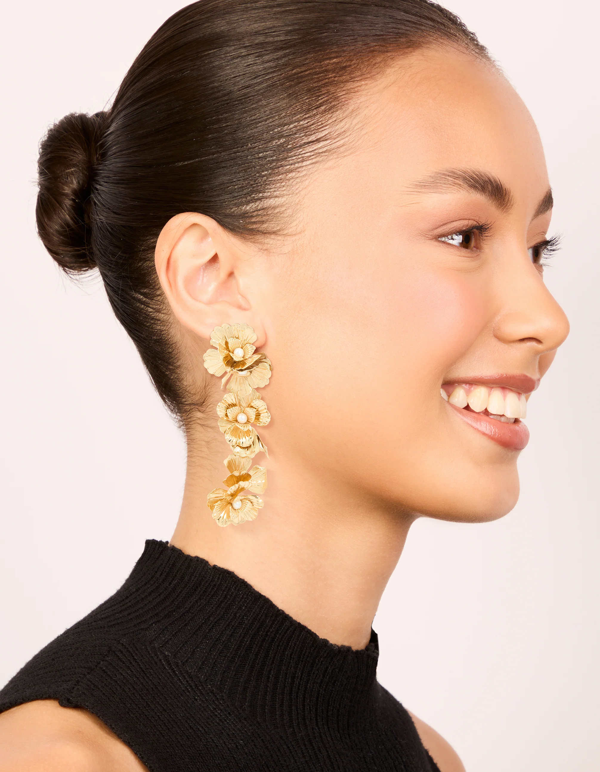 Gold Molten & Pearl Flower Drop Earrings - Image 3