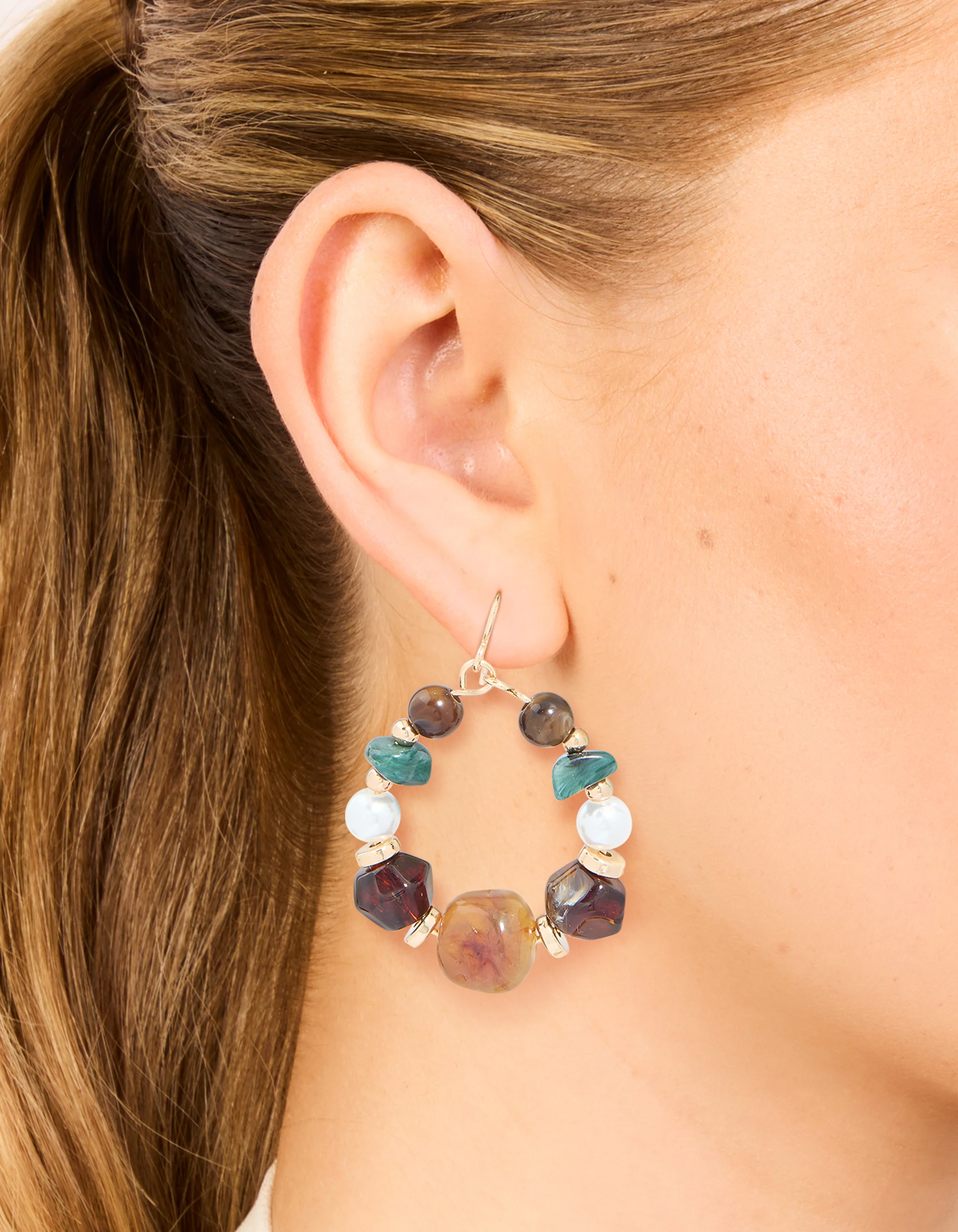 Gold Multicoloured Beaded Hoop Earrings - Image 2