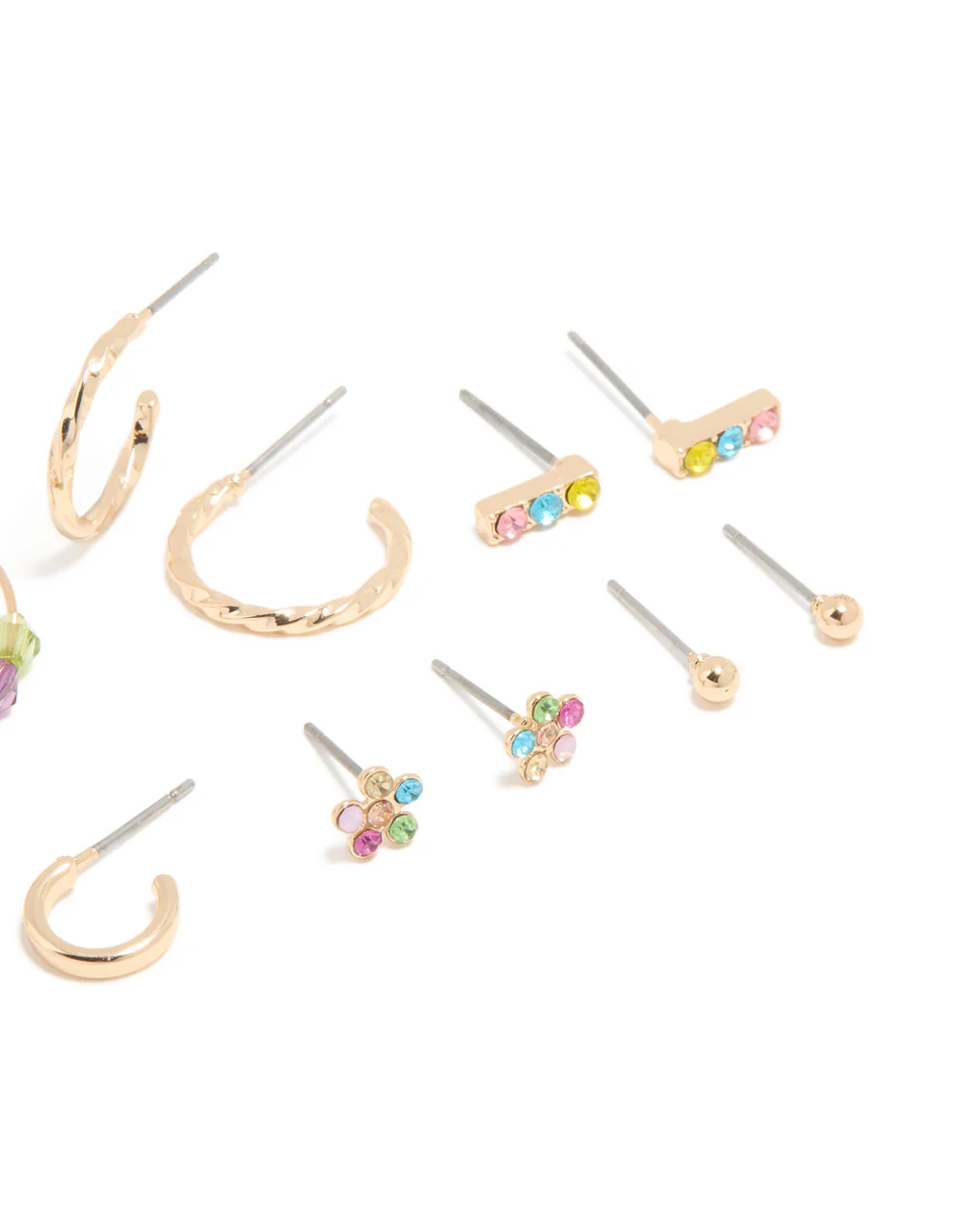 Gold Multicoloured Diamante Stud & Hoop Earrings 7-Pack - Image 3