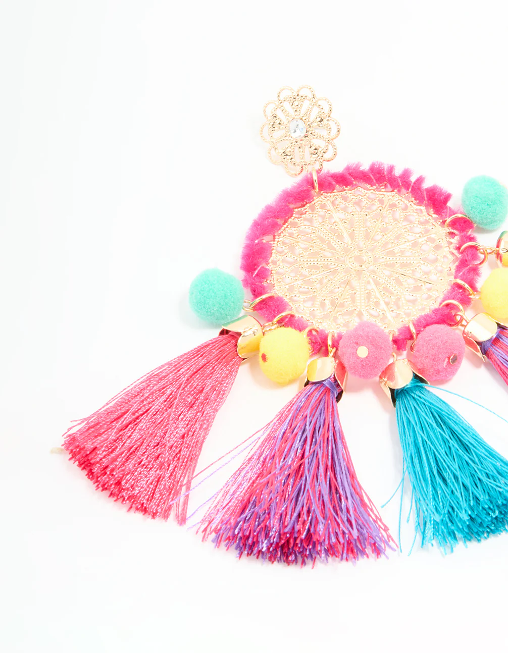 Gold Multicoloured Tassel Disc Drop Earrings - Image 2