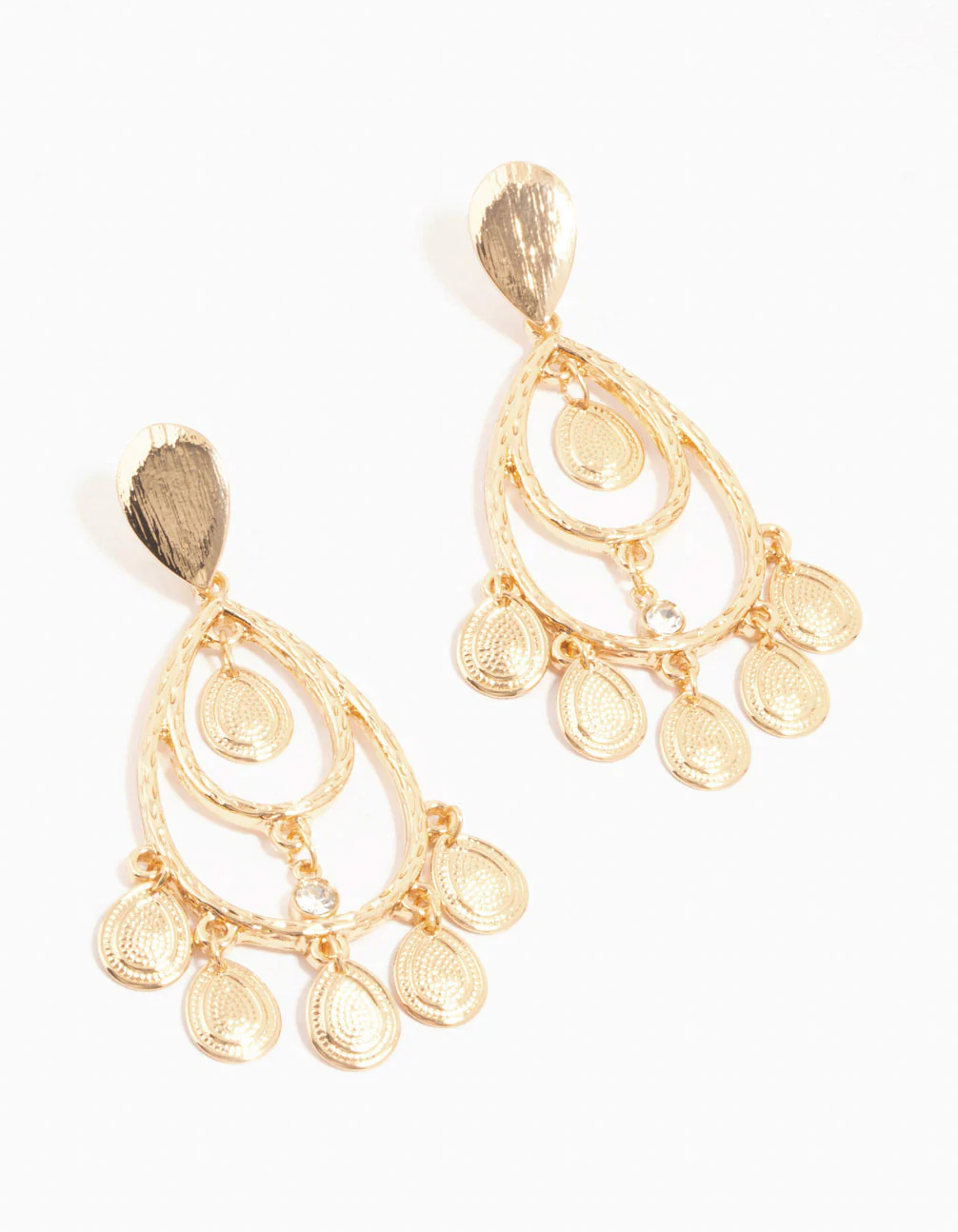 Gold Multiple Patterned Discs Drop Earrings