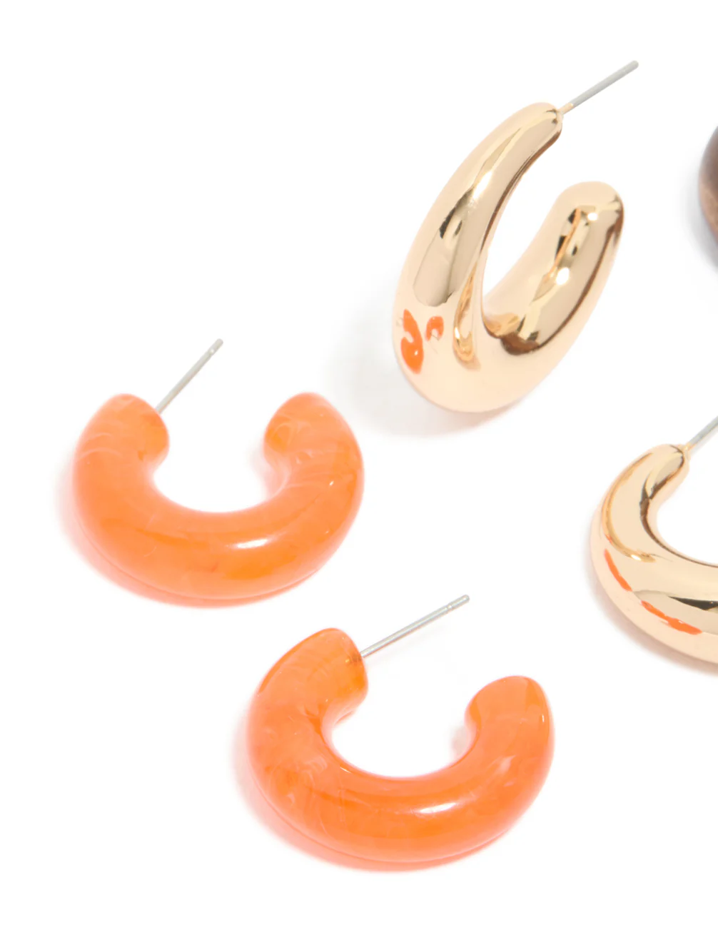 Gold Orange Acrylic & Wood Hoop Earrings 3-Pack - Image 4