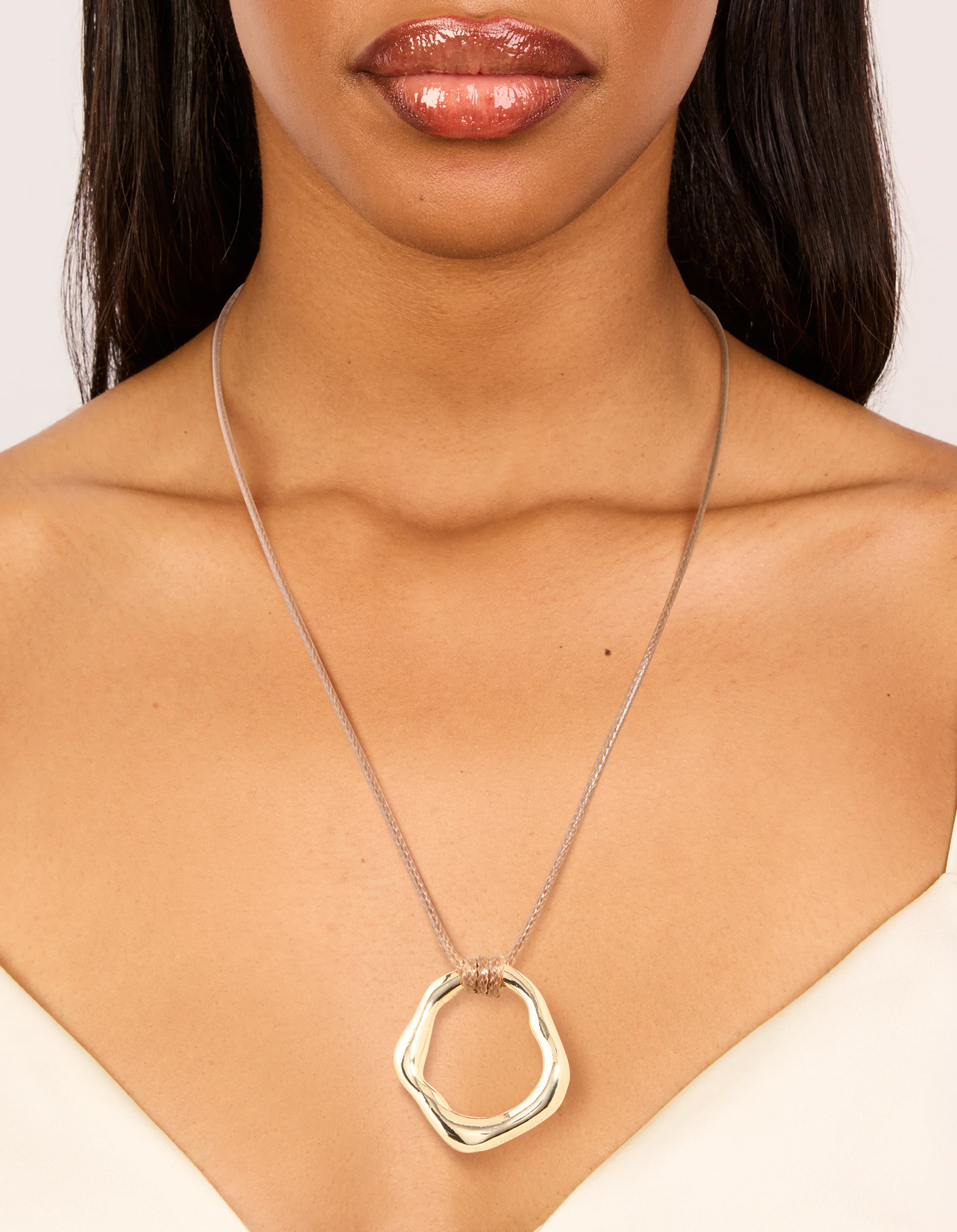 Gold Organic Open Circle Pendant Cord Necklace - Image 2