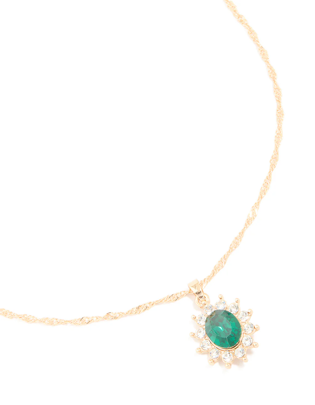Gold Oval Green Diamante Pendant & Twisted Chain Necklace