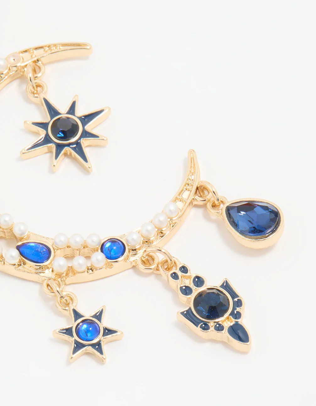 Gold Pearl Blue Diamante Celestial Drop Earrings - Image 3