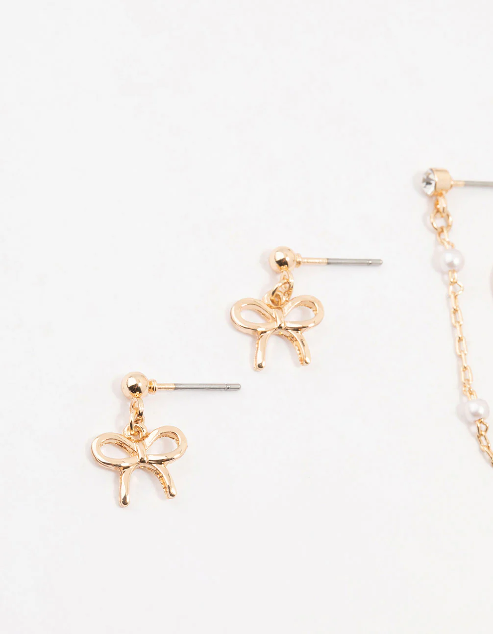 Gold Pearl Chain & Bow Earrings 3-Pack - Image 2