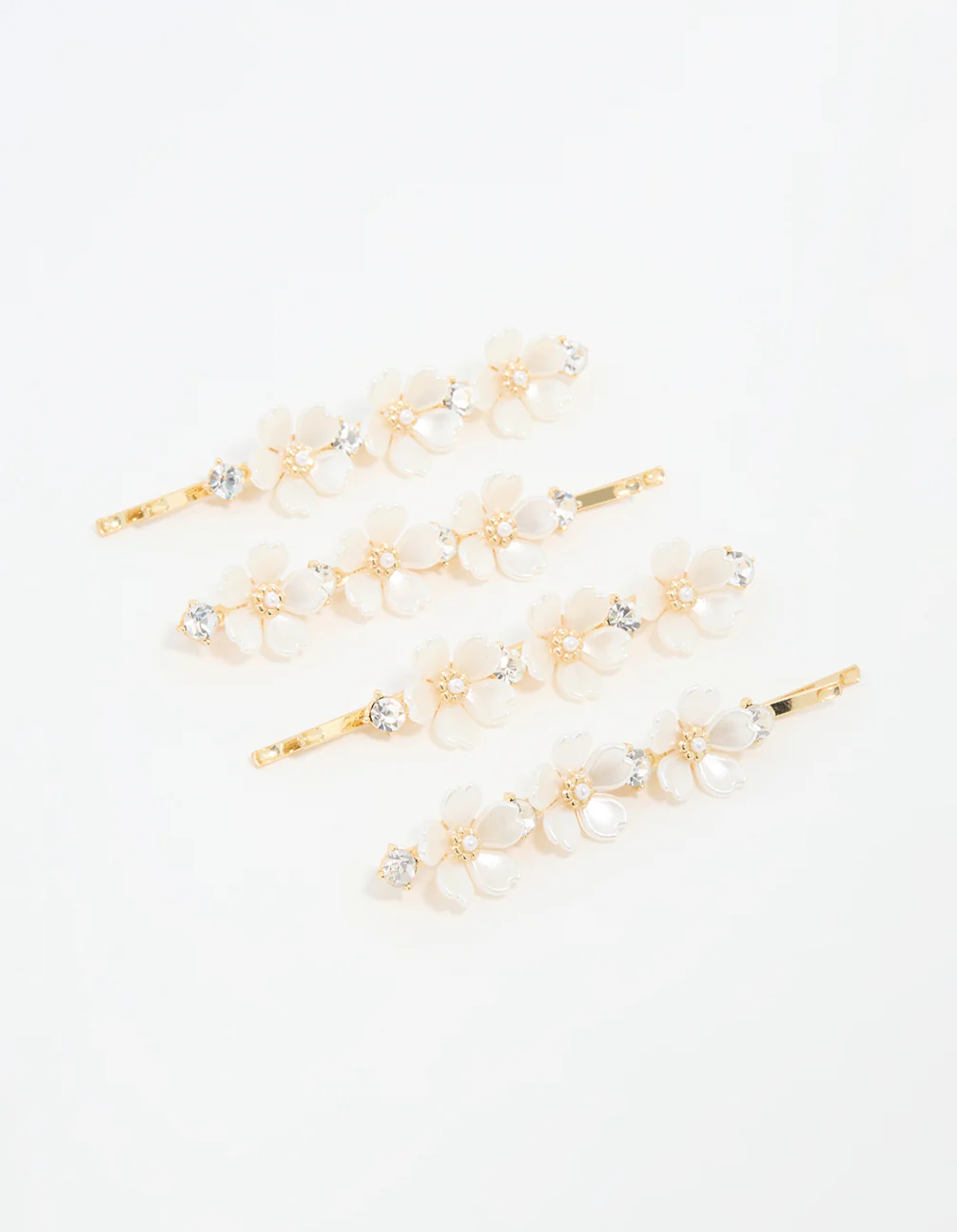 Gold Pearl Diamante Flower Hair Clips 3-Pack