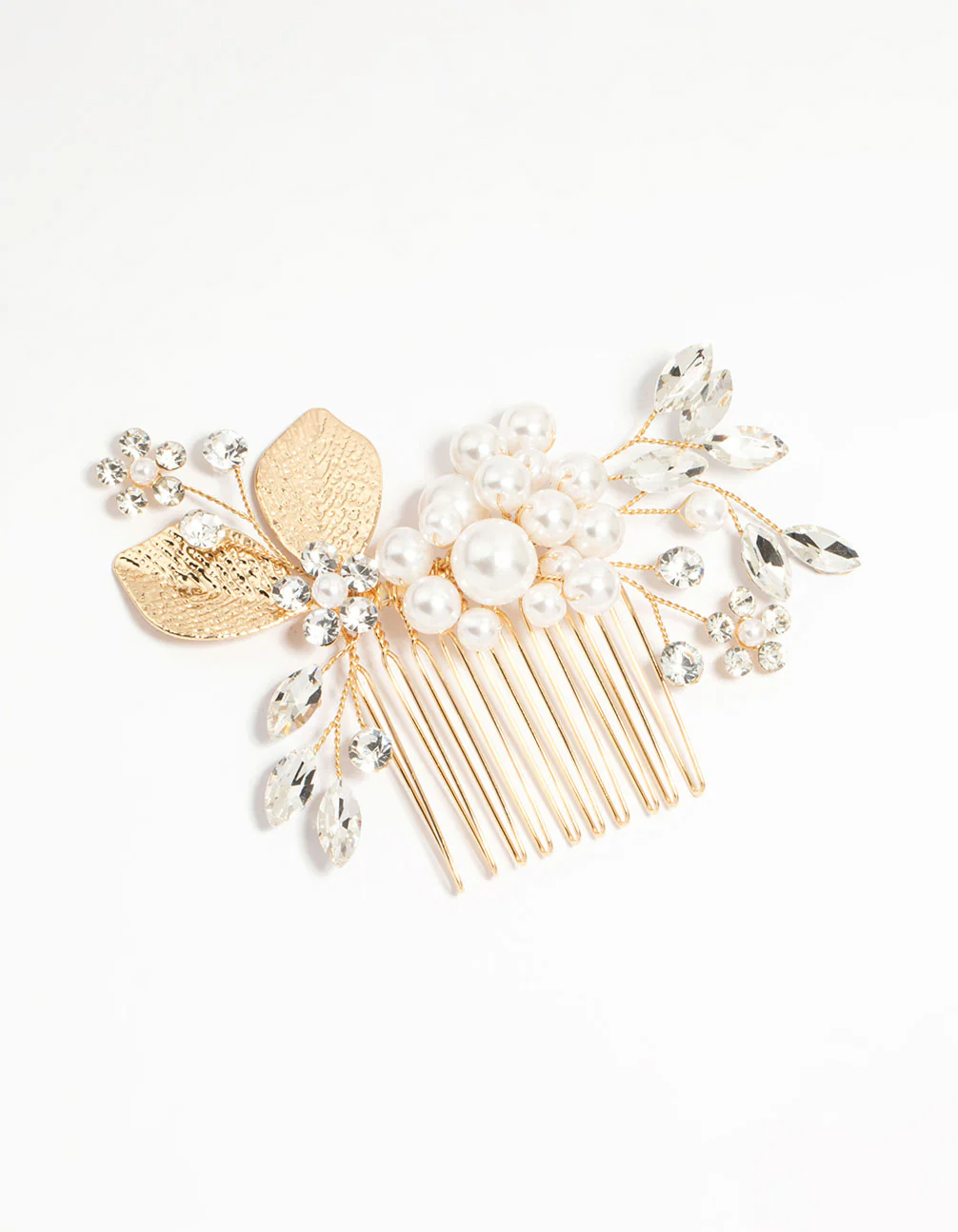 Gold Pearl Diamante Marquise Cluster Comb