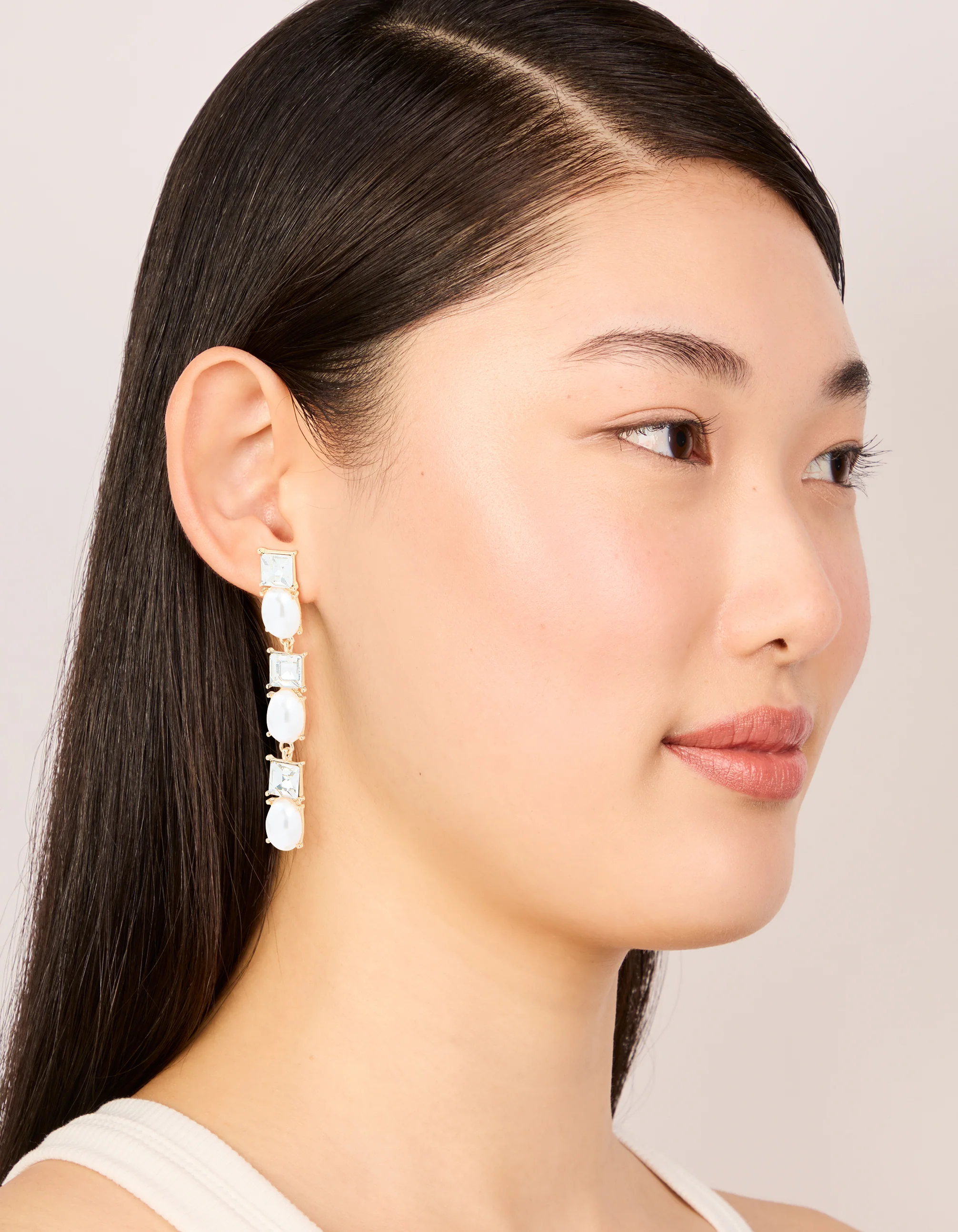 Gold Pearl & Diamante Mixed Drop Earrings - Image 3
