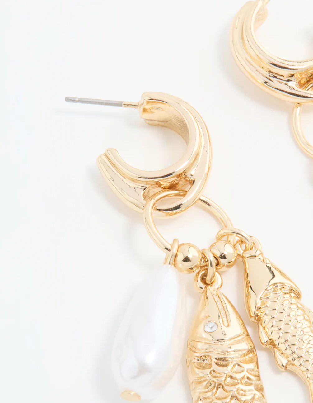 Gold Pearl Fish Charm Hoop Earrings - Image 4