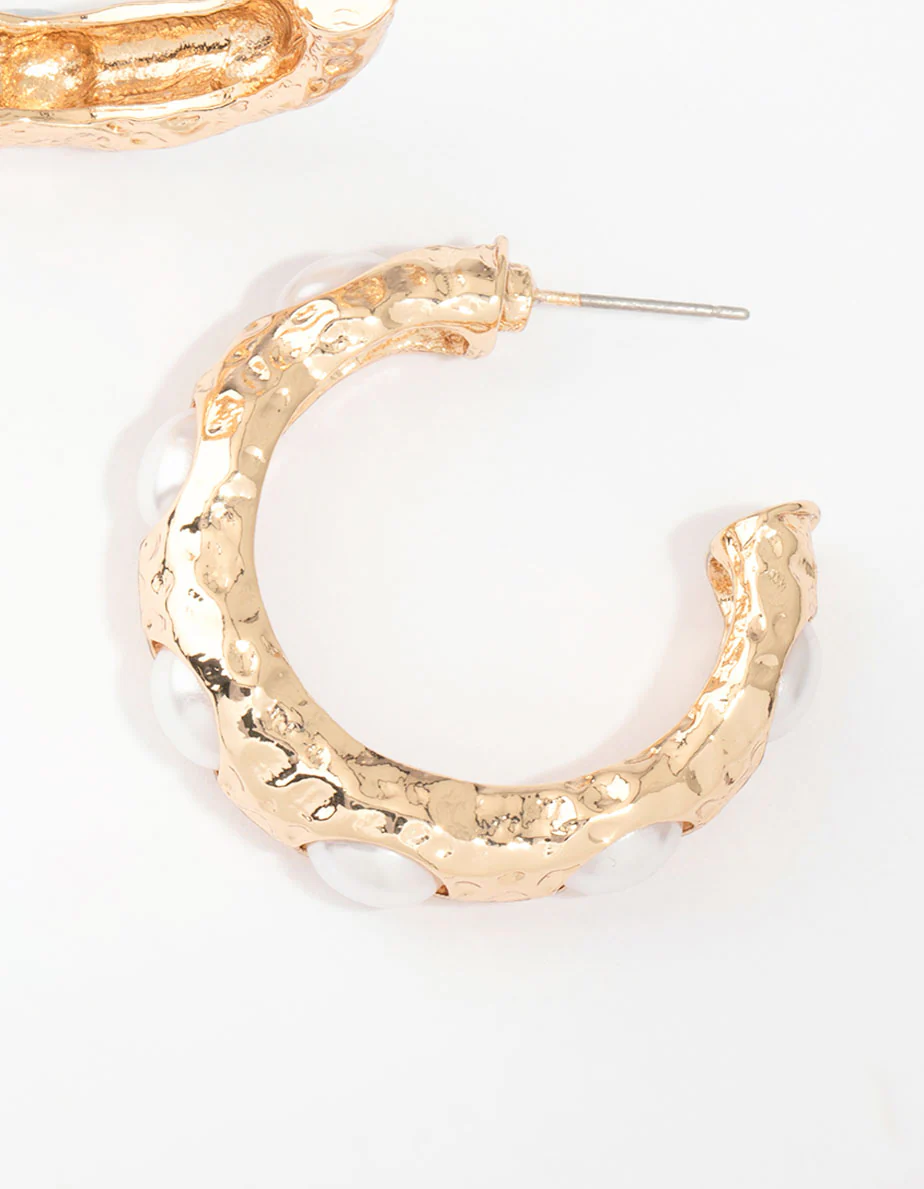 Gold Pearl Molten Hoop Earrings - Image 5