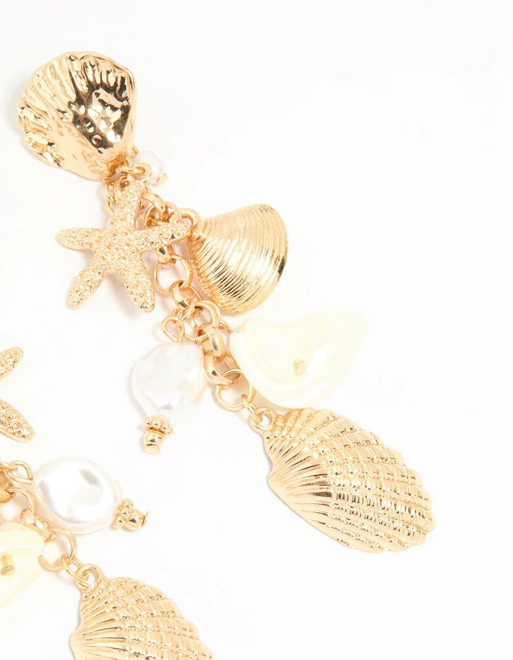 Gold Pearl & Ribbed Shall Charm Drop Earrings - Image 5