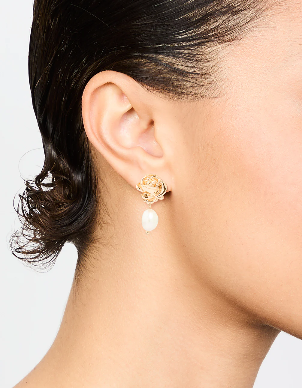 Gold Pearl Rose Drop Earrings - Image 2