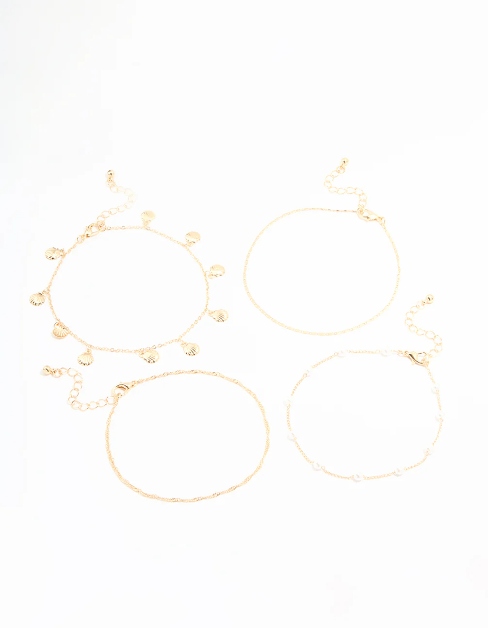 Gold Pearl & Shell Anklets 4-Pack