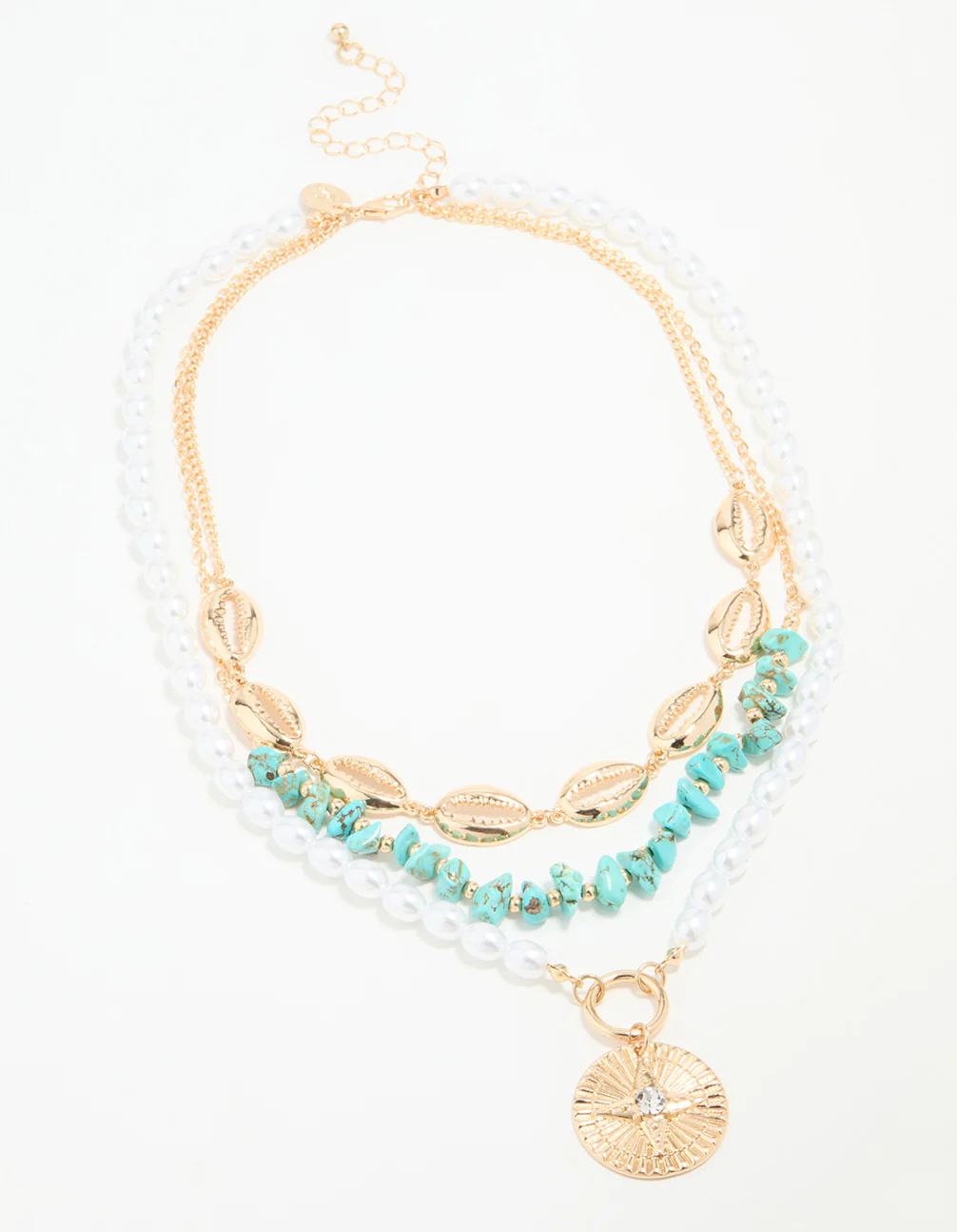 Gold Pearl & Turquoise Stone Layered Necklace - Image 2