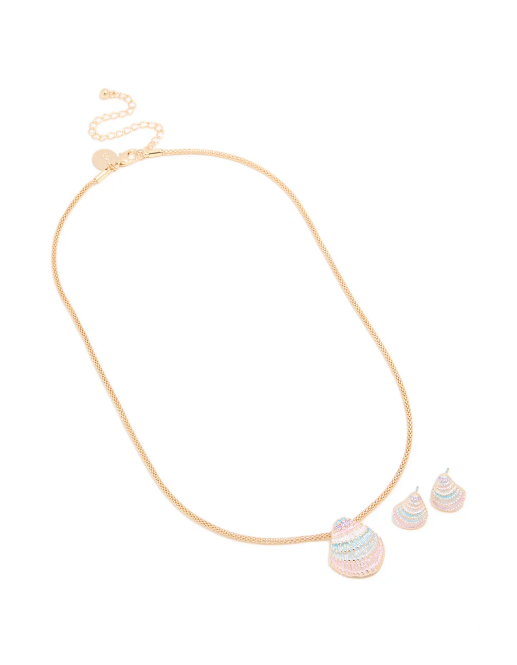 Gold Pink Blue Cream 3D Shell Earrings & Necklace Set - Image 2