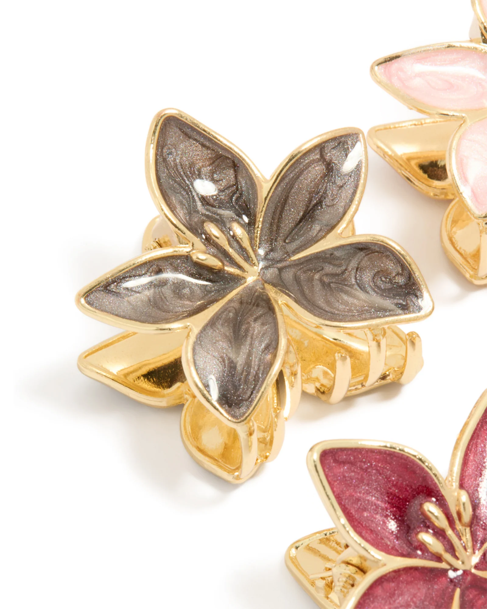 Gold Pink & Burgundy Enamel Frangipani Claw Clips 4-Pack - Image 2