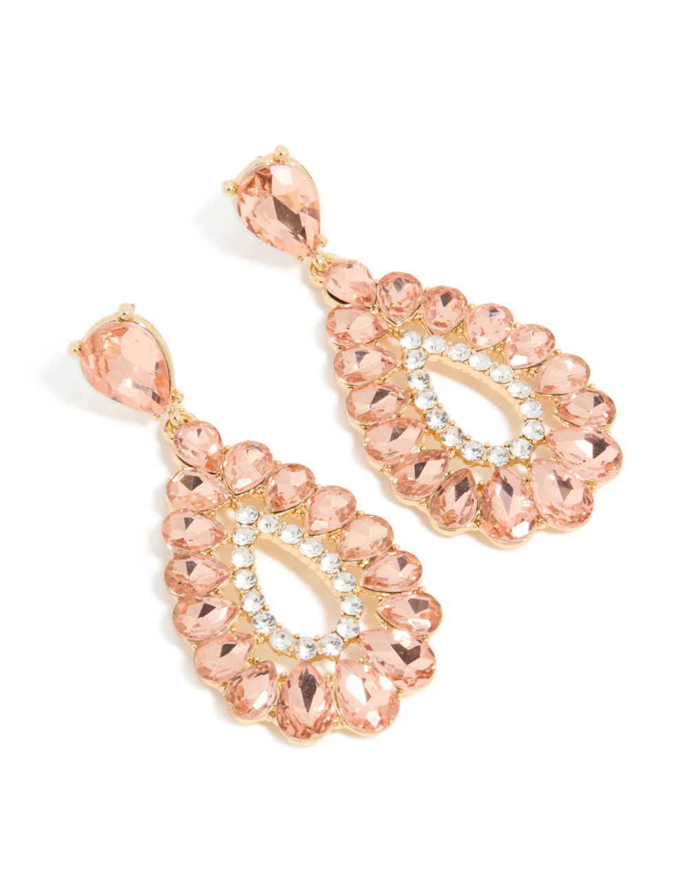 Gold Pink & Clear Diamante Elegant Pear Drop Earrings - Image 2