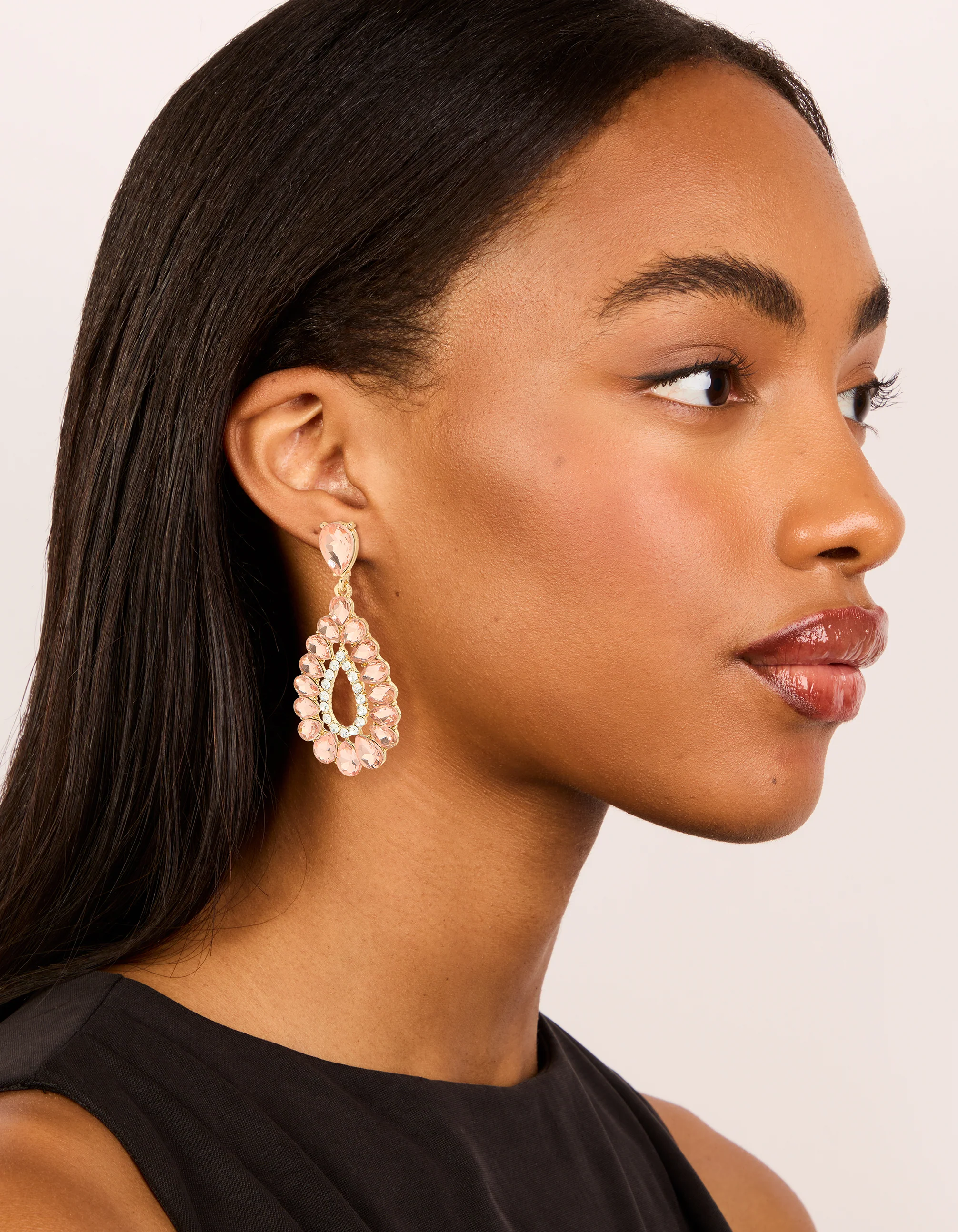 Gold Pink & Clear Diamante Elegant Pear Drop Earrings - Image 3
