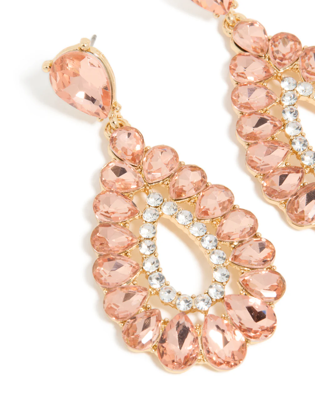 Gold Pink & Clear Diamante Elegant Pear Drop Earrings - Image 4
