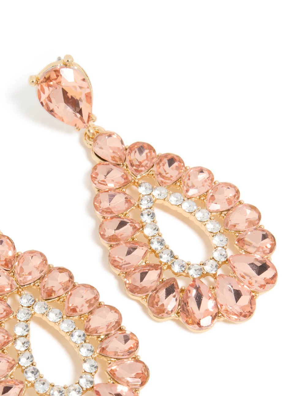 Gold Pink & Clear Diamante Elegant Pear Drop Earrings - Image 5