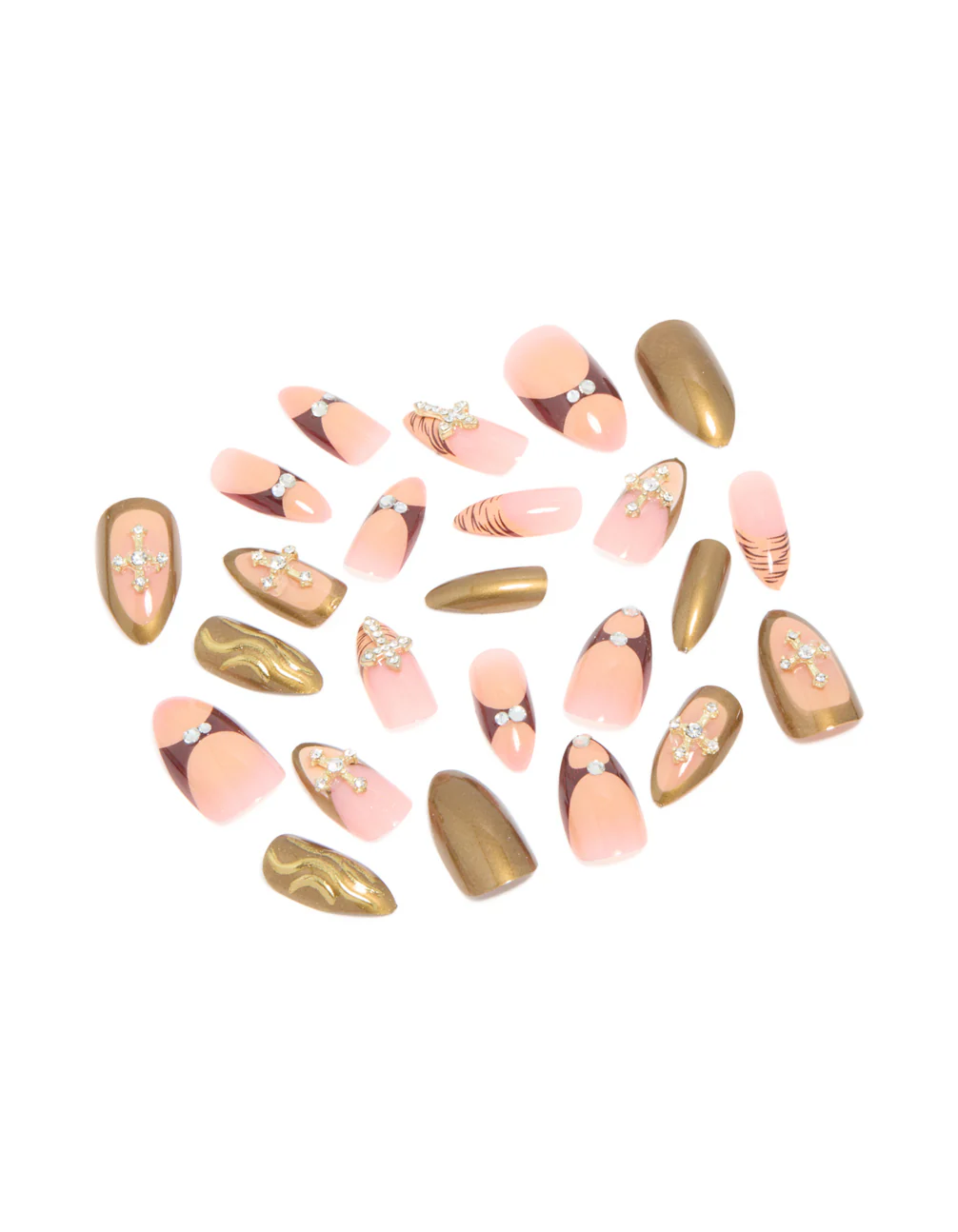 Gold & Pink Diamante Cross Nail Press On Nail Set - Image 2