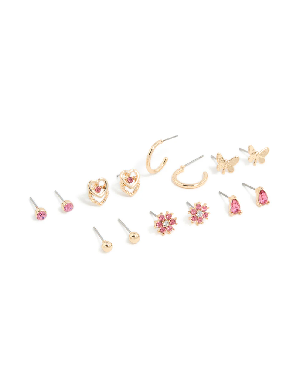 Gold Pink Diamante Flower & Ball Stud Earrings 7-Pack