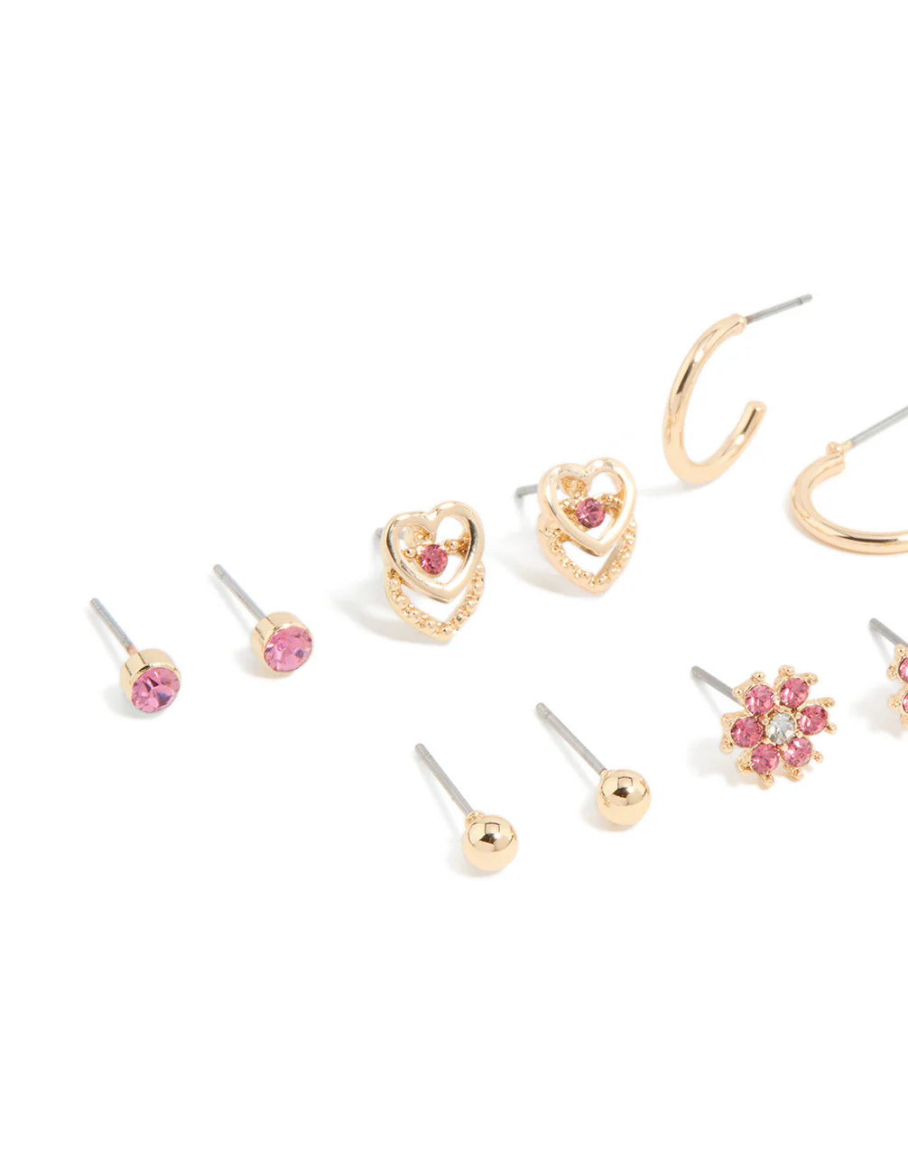 Gold Pink Diamante Flower & Ball Stud Earrings 7-Pack - Image 2