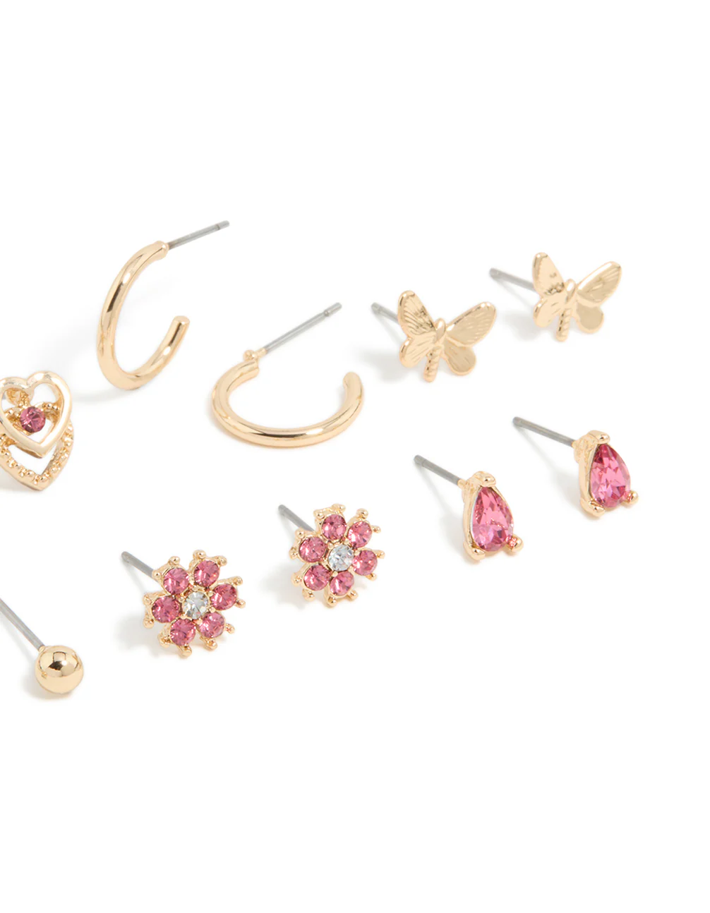 Gold Pink Diamante Flower & Ball Stud Earrings 7-Pack - Image 3