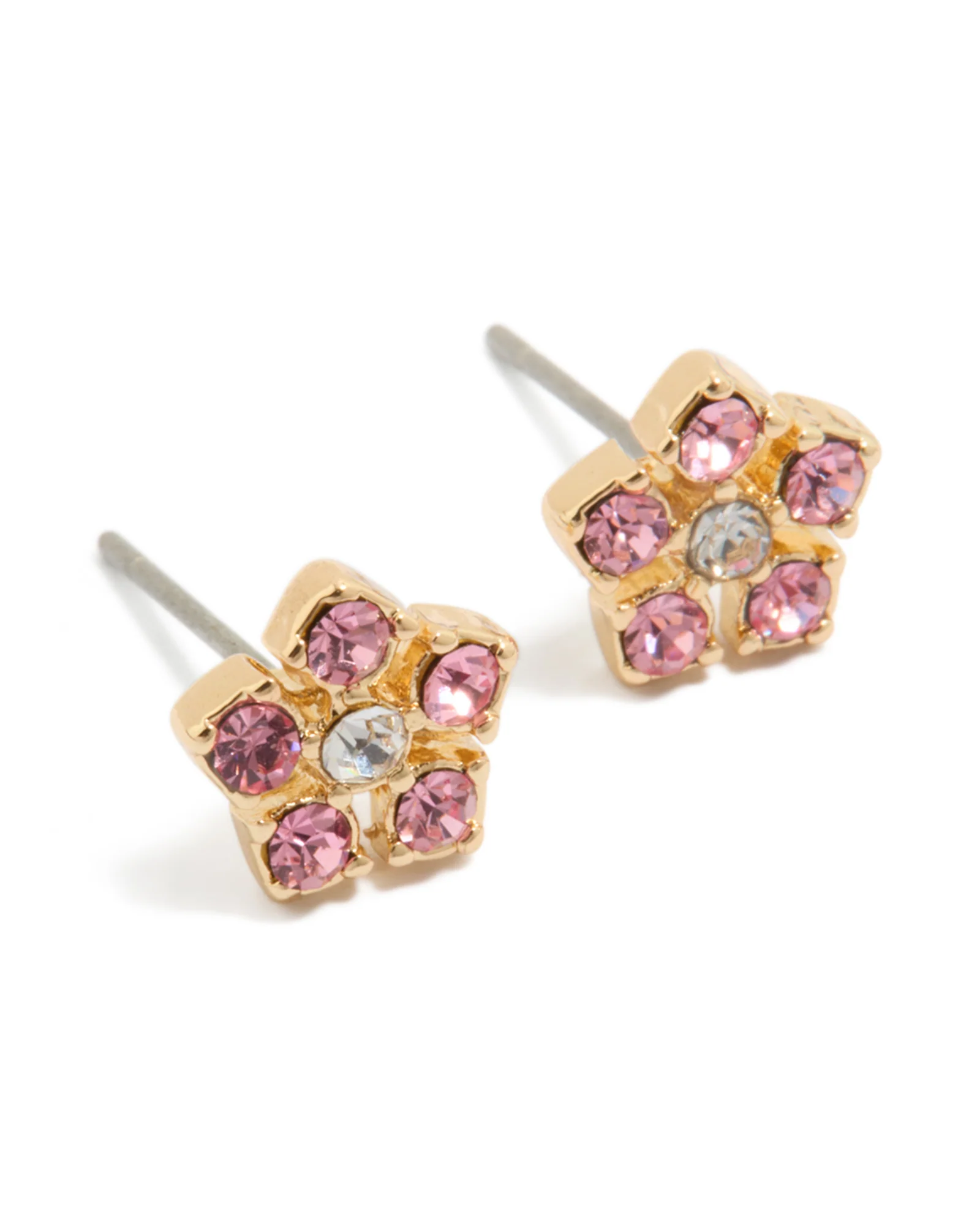Gold Pink Diamante Flower Stud Earrings