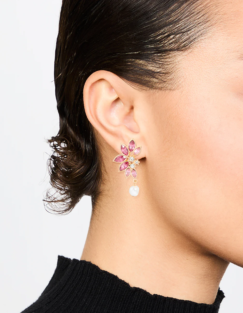 Gold & Pink Diamante Marquise Pearl Stud Earrings