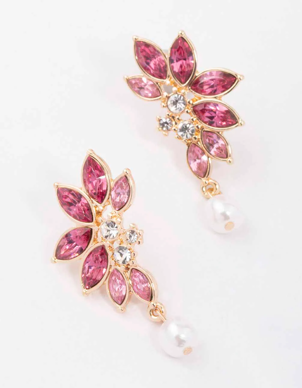 Gold & Pink Diamante Marquise Pearl Stud Earrings - Image 2
