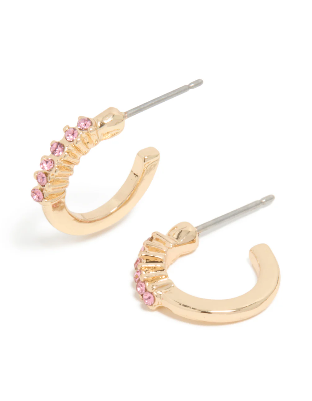 Gold Pink Diamante Row Huggie Earrings