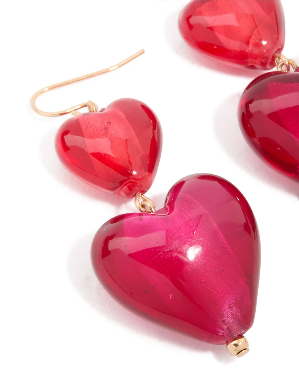 Gold Pink Double Puffy Hearts Drop Earrings - Image 4