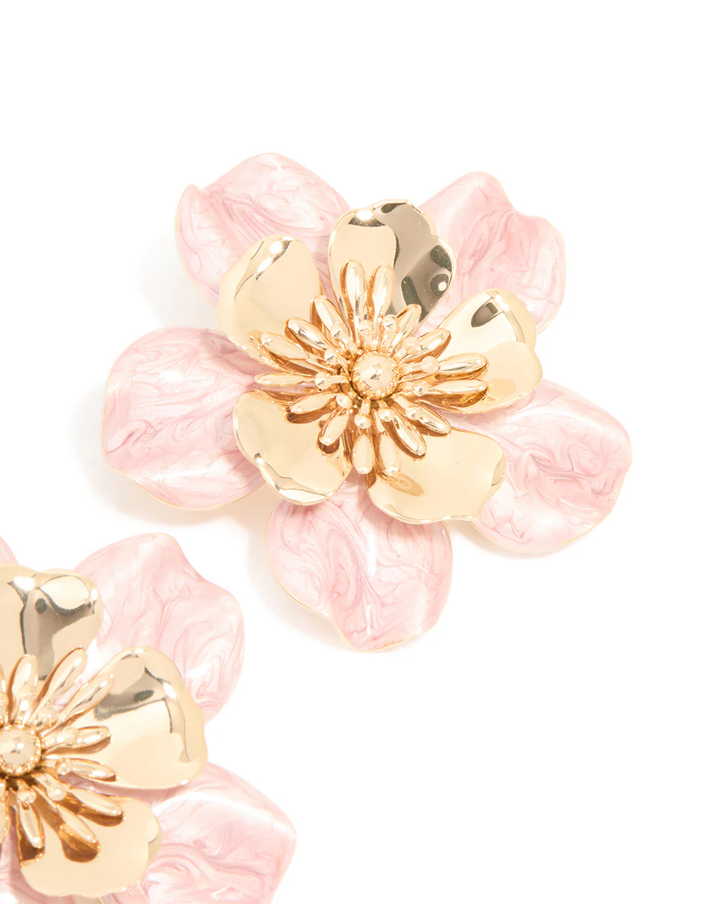 Gold Pink Enamel Layered Flower Stud Earrings - Image 5