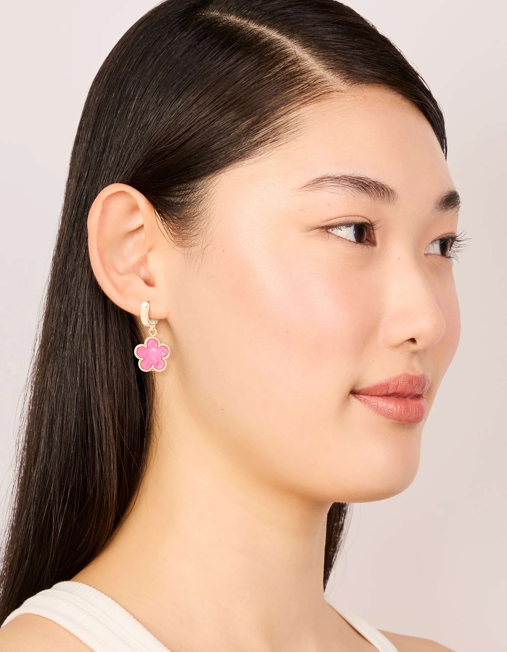 Gold Pink Flower Drop Huggie Earrings - Image 3