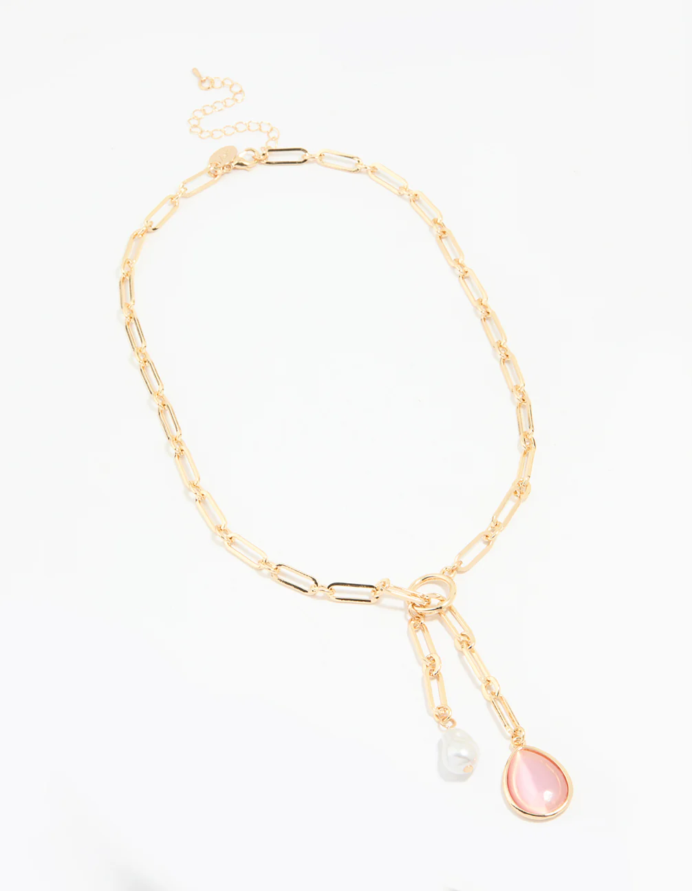 Gold Pink Gem & Pearl Drop Y-Necklace - Image 4