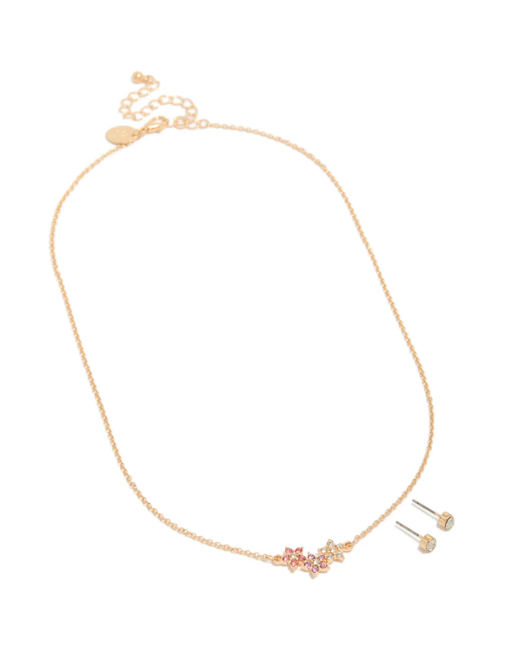 Gold Pink Purple & Clear Diamante Flower Necklace & Earrings Set - Image 2