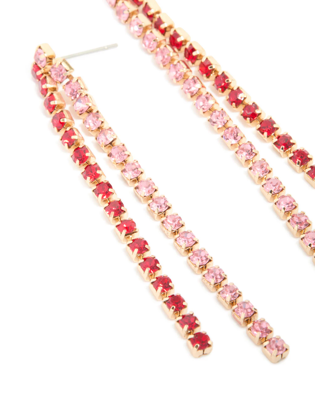 Gold Pink & Red Diamante Cup Chain Drop Earrings - Image 4