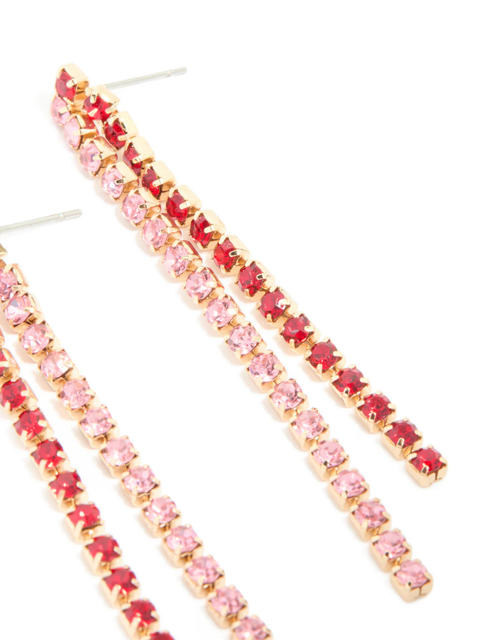Gold Pink & Red Diamante Cup Chain Drop Earrings - Image 5