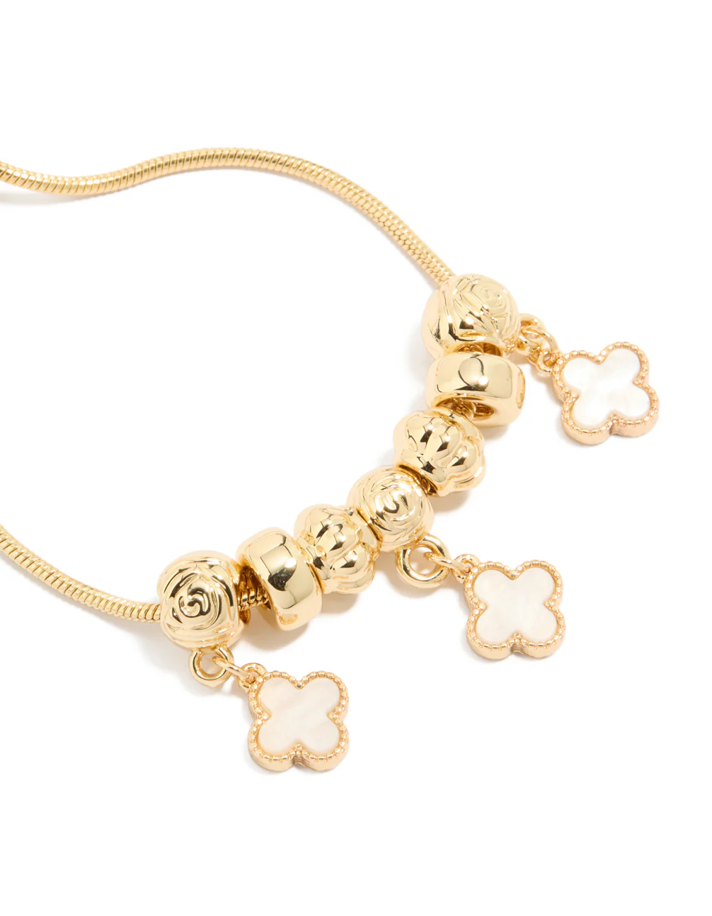Gold Plated Beaded & Pink Genuine Shell Flower Inlay Charm Toggle Bracelet - Image 2