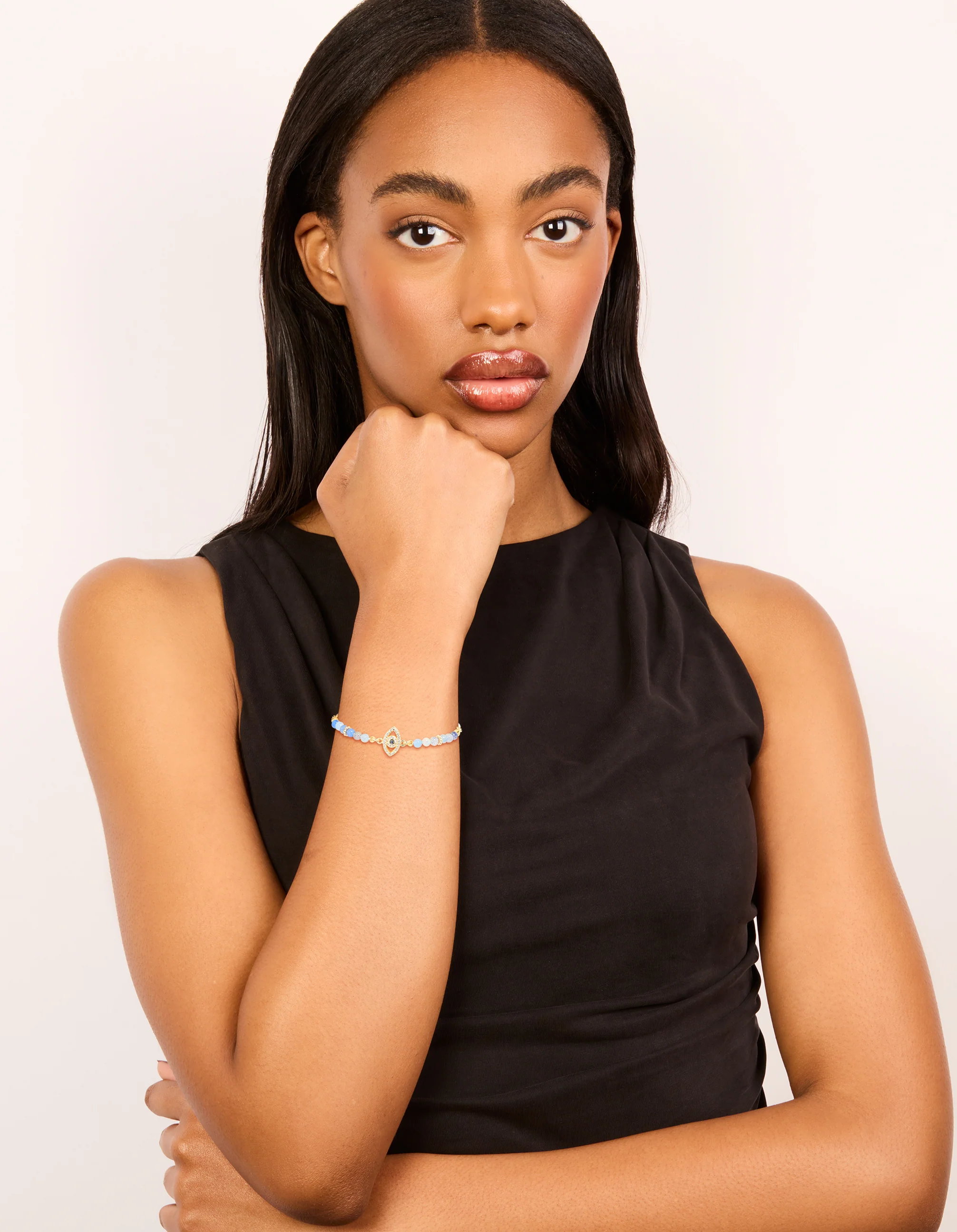 Gold Plated Blue Cubic Zirconia Evil Eye & Blue Beaded Toggle Bracelet - Image 3