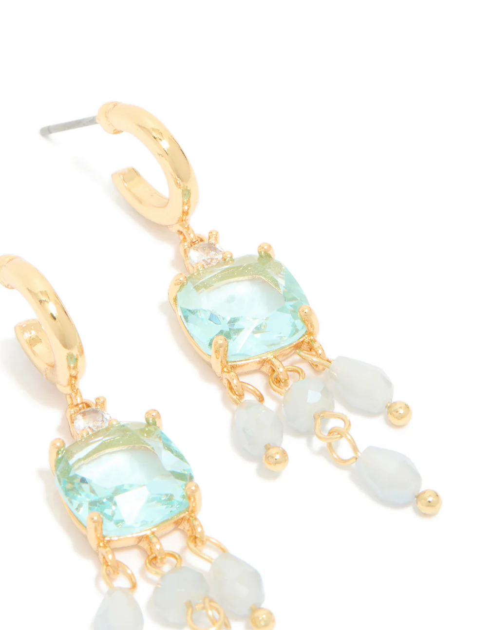 Gold Plated Blue Cubic Zirconia & Stones Square Drop Detail Earrings - Image 5