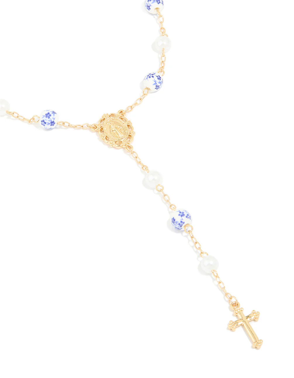 Gold Plated Blue Floral Rosary Necklace
