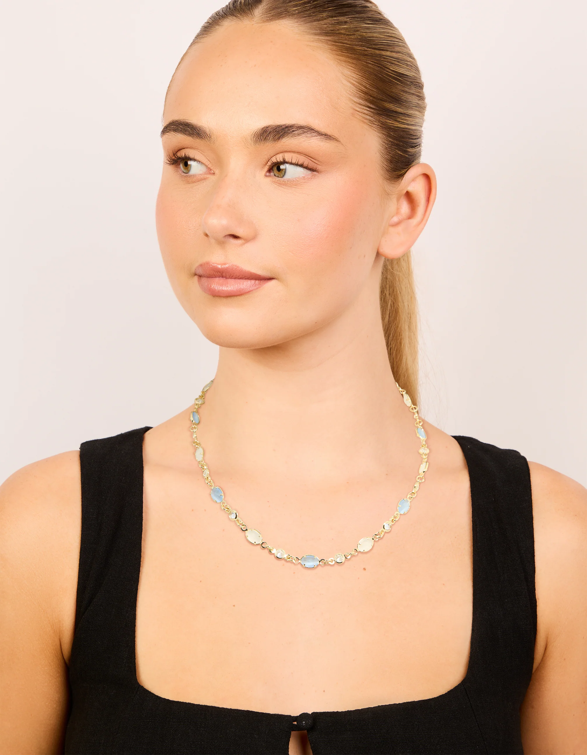 Gold Plated Blue & White Oval Cubic Zirconia Necklace - Image 3
