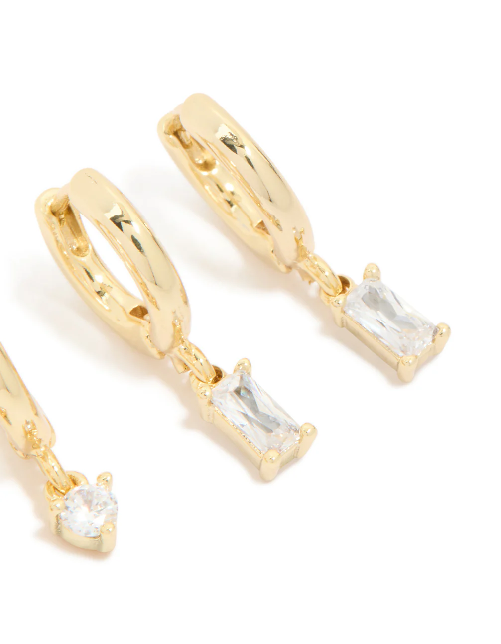 Gold Plated Brass Baguette Round Cubic Zirconia Huggie Earrings 2-Pack - Image 5