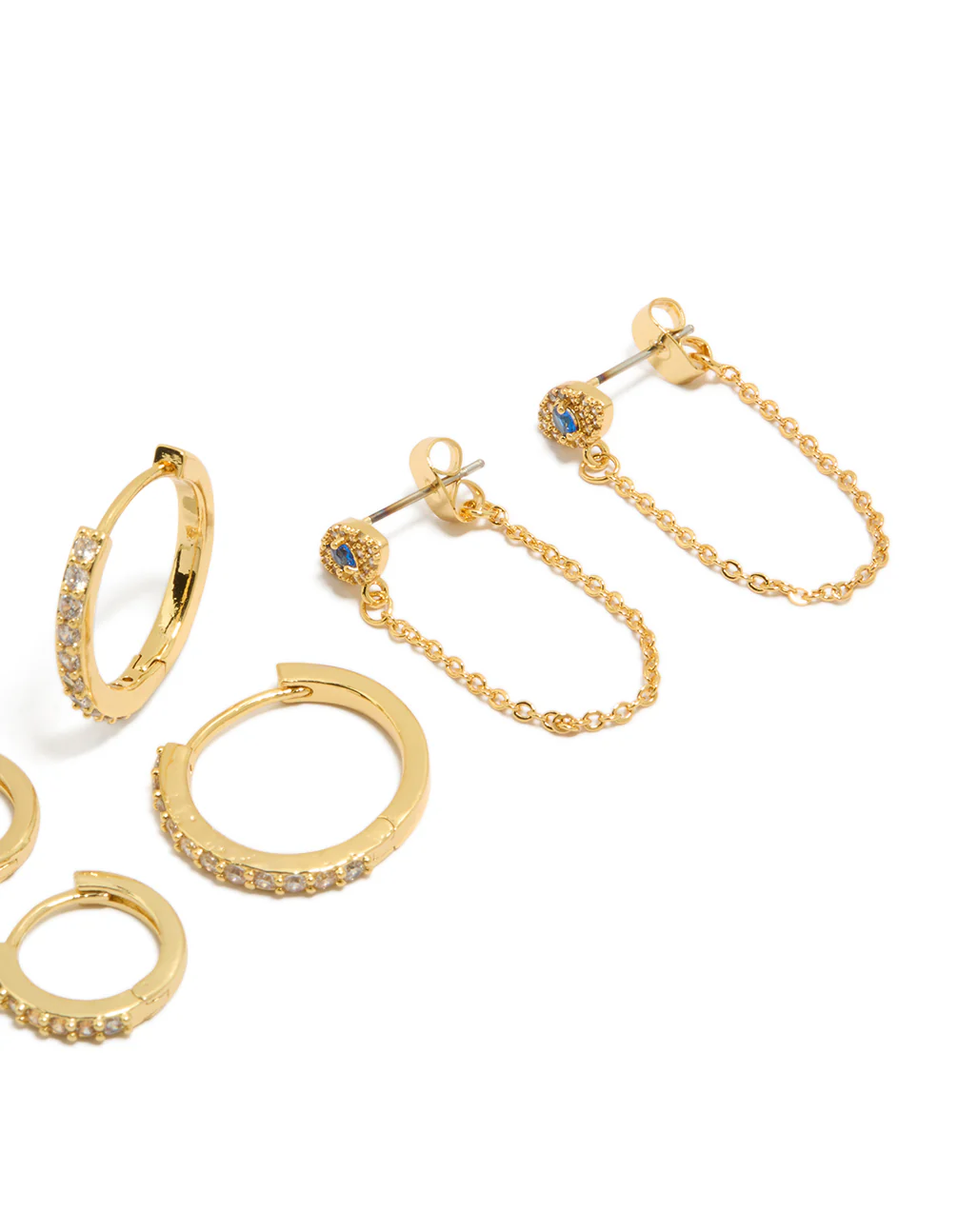 Gold Plated Brass Blue Cubic Zirconia Evil Eye Chain & Huggie Earrings 4-Pack - Image 3