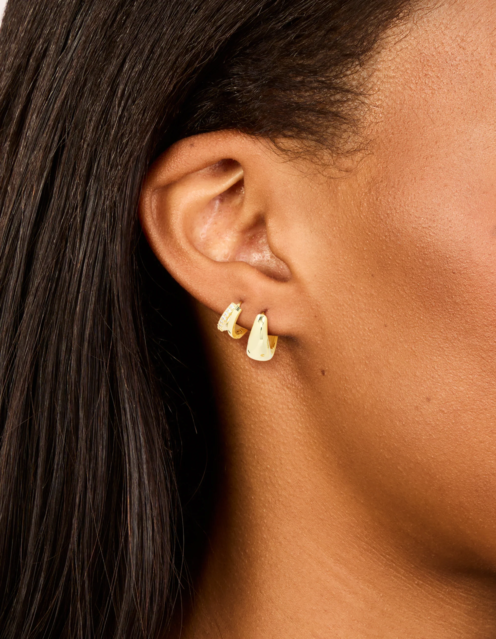 Gold Plated Brass Cubic Zirconia & Smooth Huggie Earrings 2-Pack - Image 2