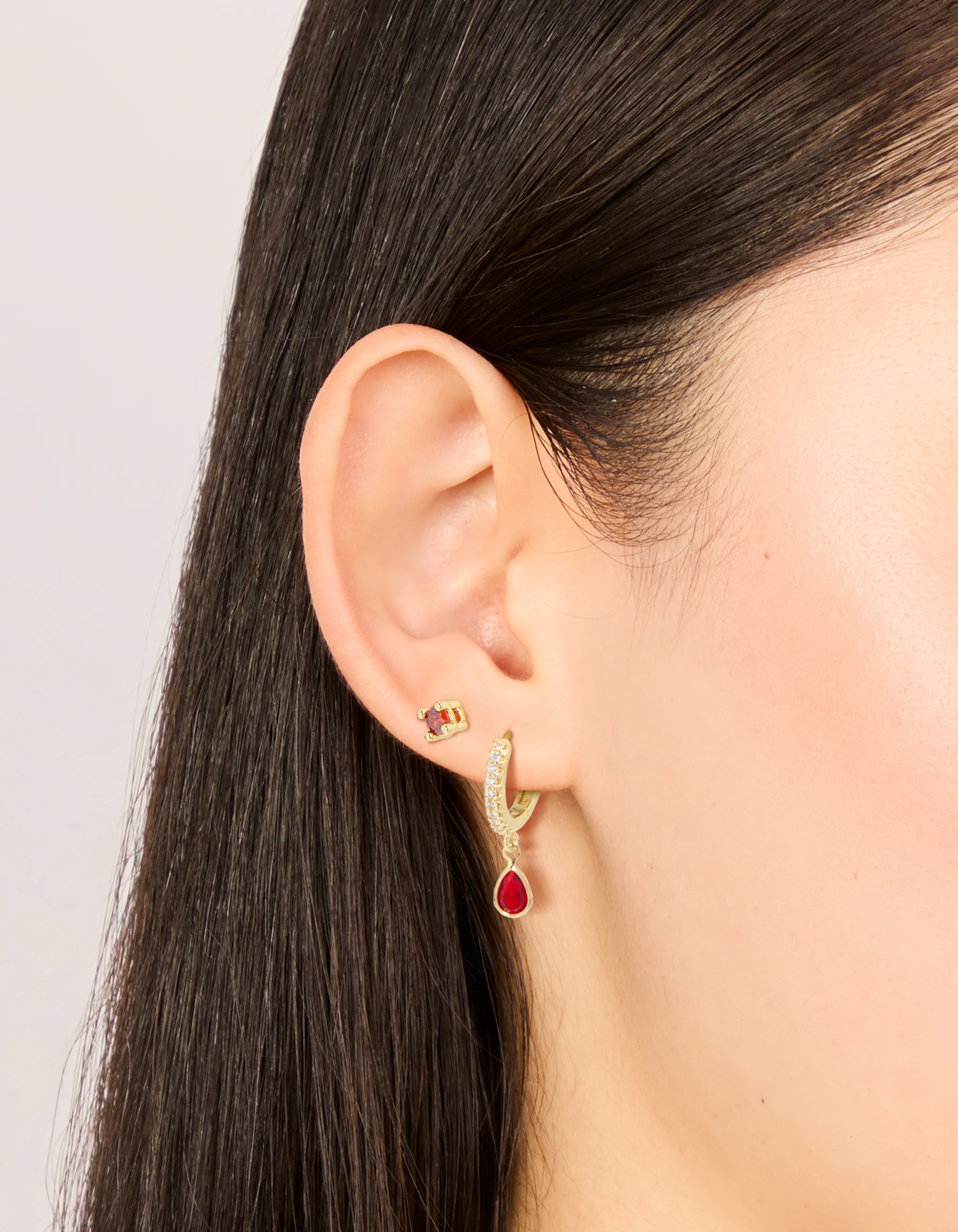 Gold Plated Brass Ruby Cubic Zirconia July Birthstone Earrings 2-Pack