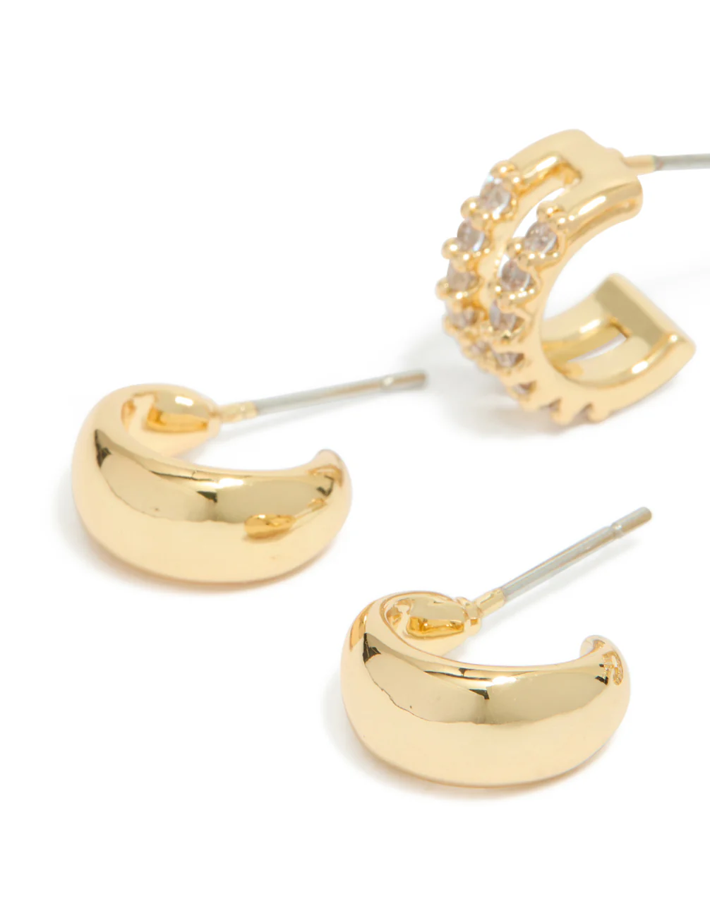 Gold Plated Brass Smooth & Cubic Zirconia Double Hoop Earrings 2-Pack - Image 4